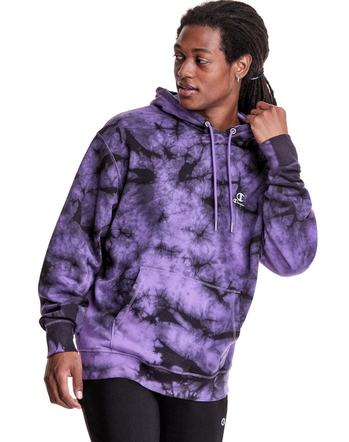 Champion Herre Hættetrøje Lilla/Sort - Galaxy Dye Embroidered C & Script Applique - Danmark BPA-9835